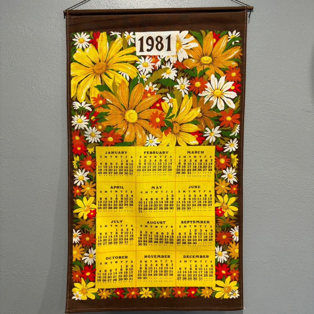 Vintage 1981 Linen Calendar Tea Towel Wall Hanging Floral Valli Yellow Brown